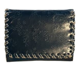 Claire's Black Floral Embossed Whipstitched Wallet Vegan Leather Trifold